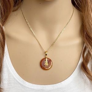 14K Gold Red Jade Chinese Happiness Symbol Pendant